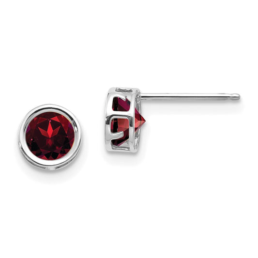 14k White Gold 5mm Round Bezel January/Garnet Post Earrings