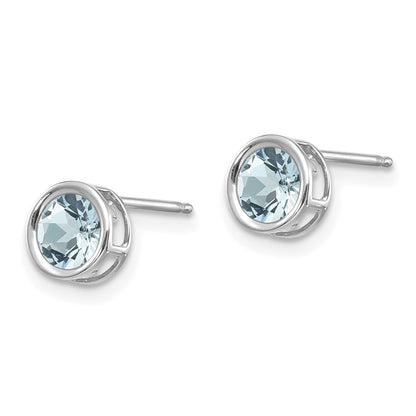 14k White Gold 5mm Round Bezel March/Aquamarine Post Earrings