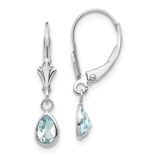14k White Gold 6x4 Pear Bezel March/Aquamarine Leverback Earrings