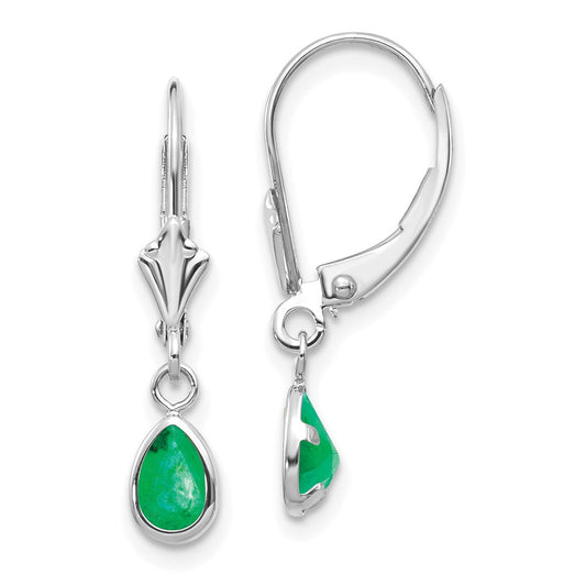 14k White Gold 6x4 Pear Bezel May/Emerald Leverback Earrings