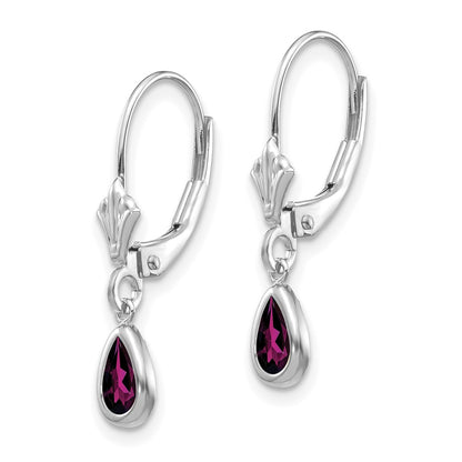 14k White Gold 6x4 Pear Bezel June/Rhodolite Garnet Leverback Earrings