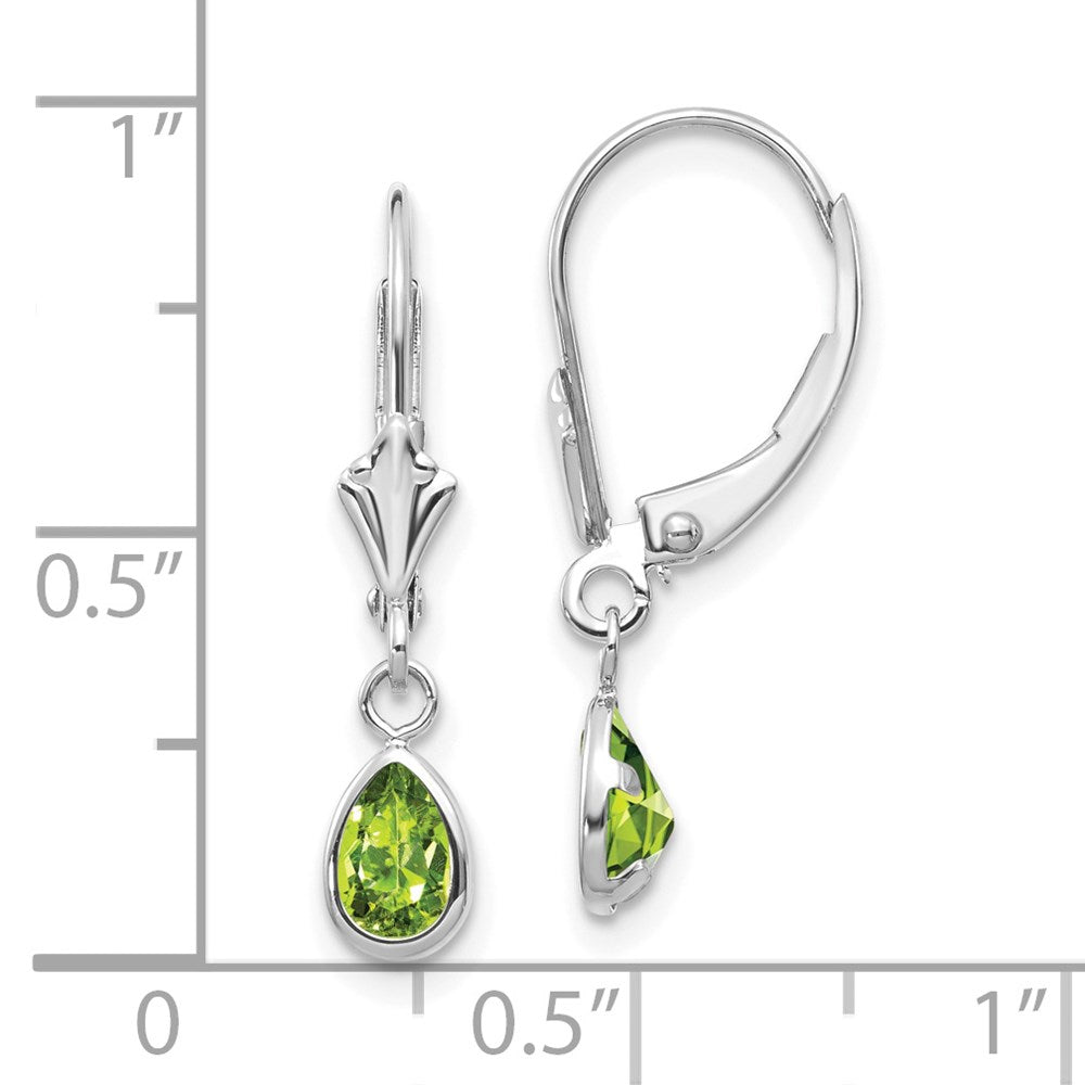 14k White Gold 6x4 Pear Bezel August/Peridot Leverback Earrings