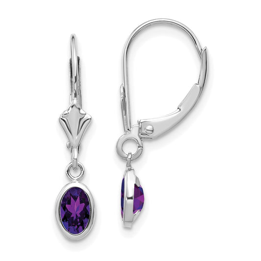 14k White Gold 6x4 Oval Bezel February/Amethyst Leverback Earrings