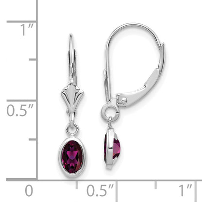 14k White Gold 6x4 Oval Bezel June/Rhodolite Garnet Leverback Earrings