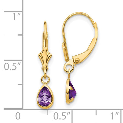 14k 6x4mm Pear Bezel February/Amethyst Leverback Earrings