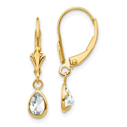 14k 6x4mm Pear Bezel April/White Topaz Leverback Earrings