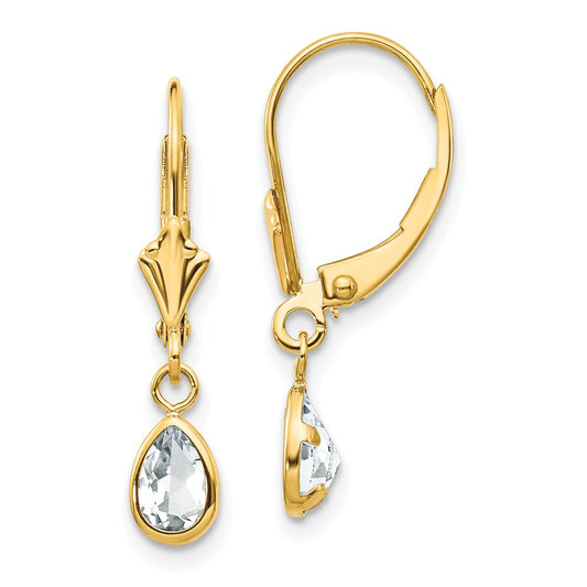 14k 6x4mm Pear Bezel April/White Topaz Leverback Earrings