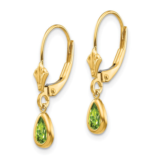 14k 6x4mm Pear Bezel August/Peridot Leverback Earrings