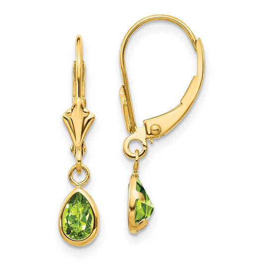 14k 6x4mm Pear Bezel August/Peridot Leverback Earrings