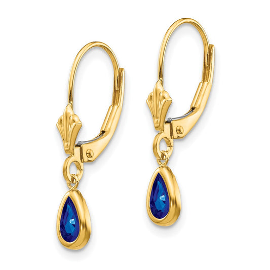 14k 6x4mm Pear Bezel September/Sapphire Leverback Earrings
