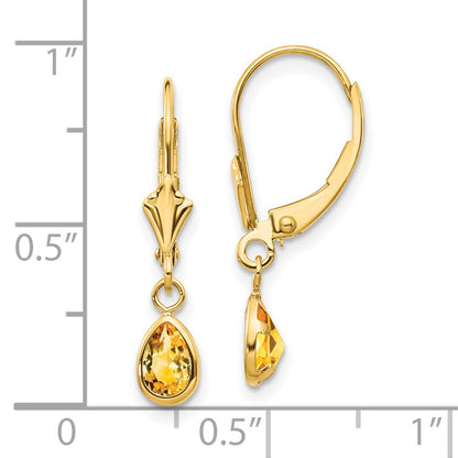 14k 6x4mm Pear Bezel November/Citrine Leverback Earrings