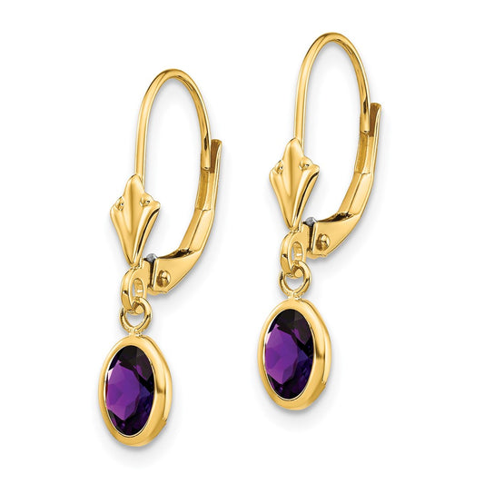 14k 6x4 Oval Bezel February/Amethyst Leverback Earrings