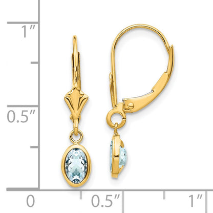 14k 6x4 Oval Bezel March/Aquamarine Leverback Earrings