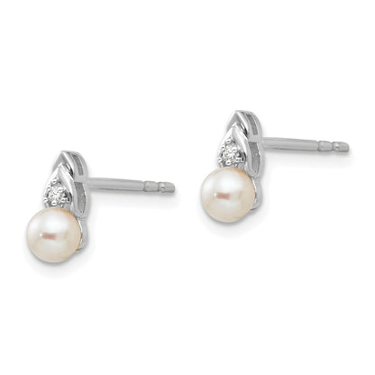 14k White Gold 4.5mm June/Freshwater Cultured Pearl and Diamond Post Earrings