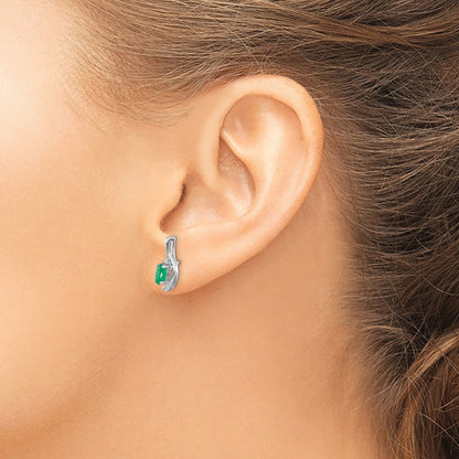 14k White Gold 5x3 Oval May/Emerald and Diamond Post Earrings