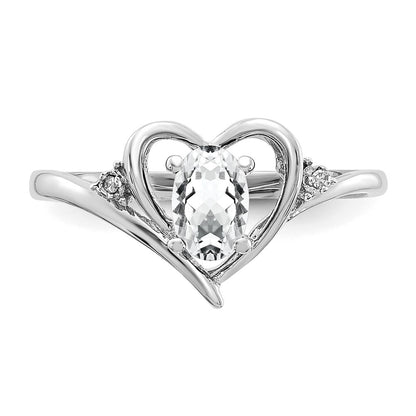 14k White Gold 6x4 Oval April/White Topaz and Diamond Heart Ring