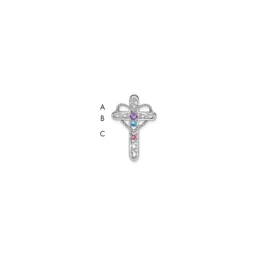 14k White Gold Polish Filigree 3-Stone Mothers Cross Pendant Mounting