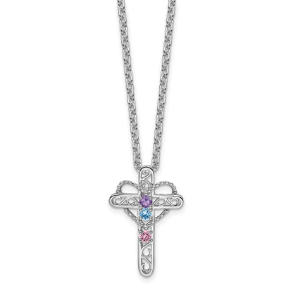14k White Gold Polish Filigree 3-Stone Mothers Cross Pendant Mounting