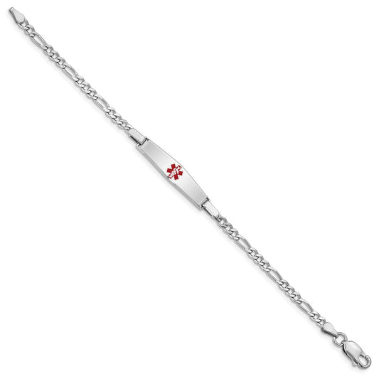 Sterling Silver Rhodium-plated Figaro Link Centered Red Enamel 28x6mm Plate 6 inch Medical ID Bracelet