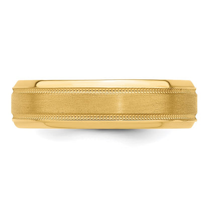 14k Yellow Gold 6mm Standard Weight Comfort Fit Brushed Satin/Polished Milgrain Grooved Edge Wedding Band Size 9.5