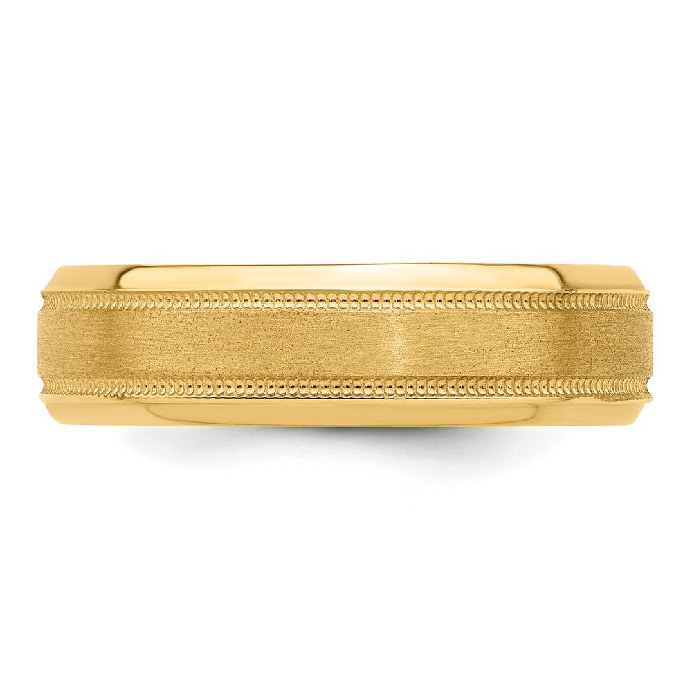 14k Yellow Gold 6mm Standard Weight Comfort Fit Brushed Satin/Polished Milgrain Grooved Edge Wedding Band Size 10