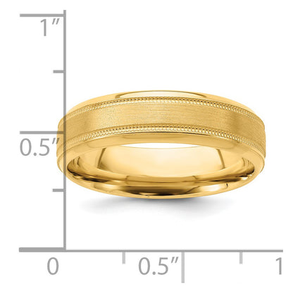 14k Yellow Gold 6mm Standard Weight Comfort Fit Brushed Satin/Polished Milgrain Grooved Edge Wedding Band Size 9.5