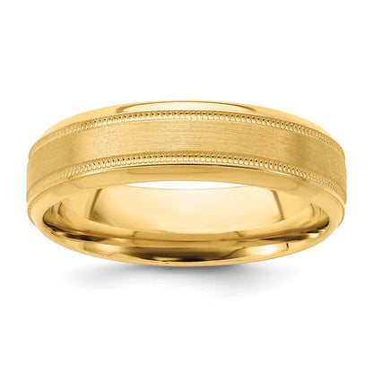14k Yellow Gold 6mm Standard Weight Comfort Fit Brushed Satin/Polished Milgrain Grooved Edge Wedding Band Size 9.5