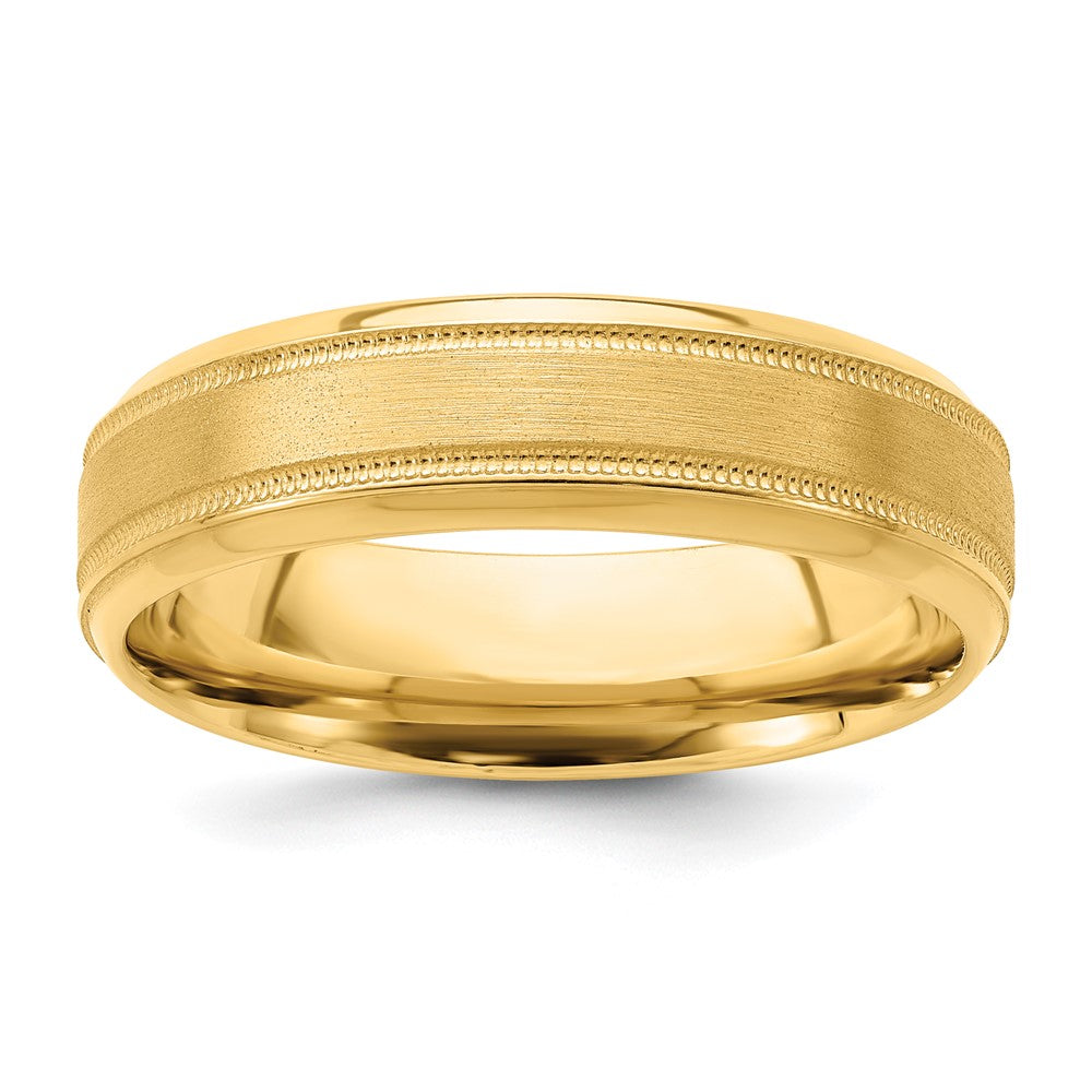 14k Yellow Gold 6mm Standard Weight Comfort Fit Brushed Satin/Polished Milgrain Grooved Edge Wedding Band Size 10