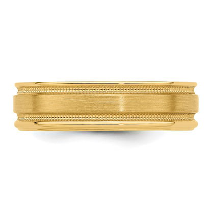 14k Yellow Gold 6mm Heavyweight Comfort Fit Brushed Satin/Polished Milgrain Grooved Edge Wedding Band Size 10