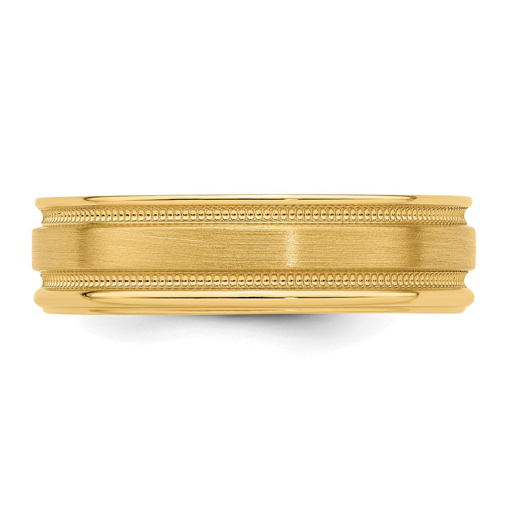 14k Yellow Gold 6mm Standard Weight Comfort Fit Brushed Satin/Polished Milgrain Grooved Edge Wedding Band Size 11