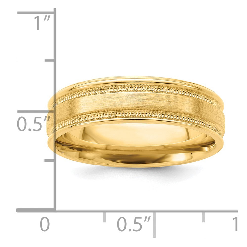 14k Yellow Gold 6mm Standard Weight Comfort Fit Brushed Satin/Polished Milgrain Grooved Edge Wedding Band Size 11