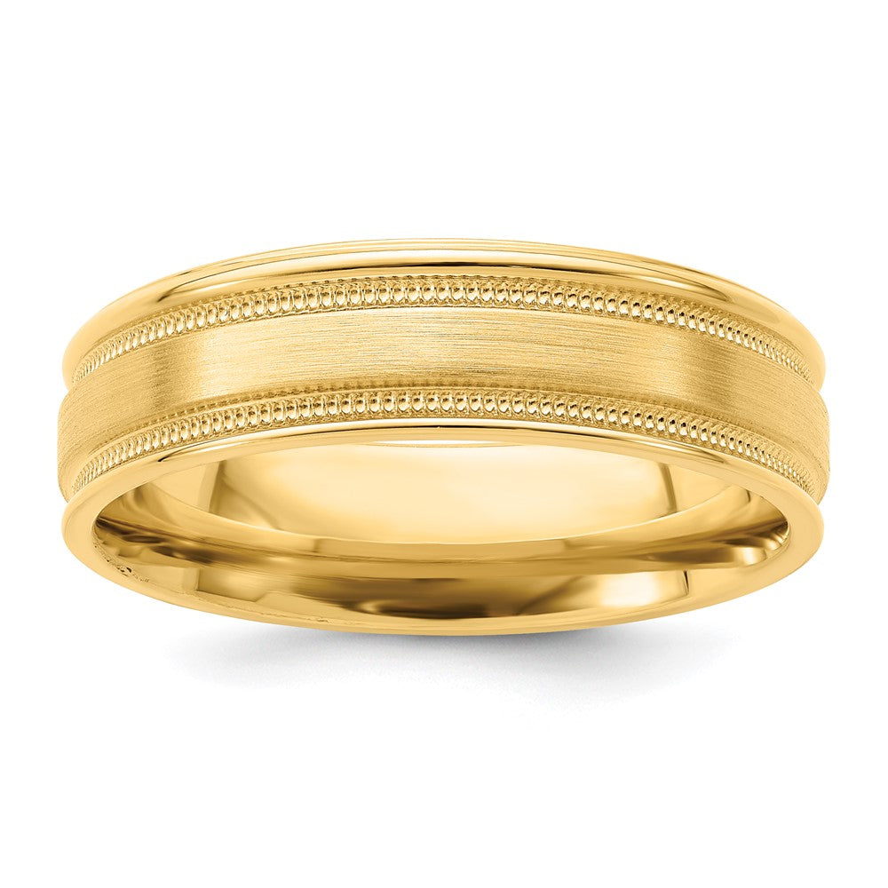 14k Yellow Gold 6mm Heavyweight Comfort Fit Brushed Satin/Polished Milgrain Grooved Edge Wedding Band Size 10