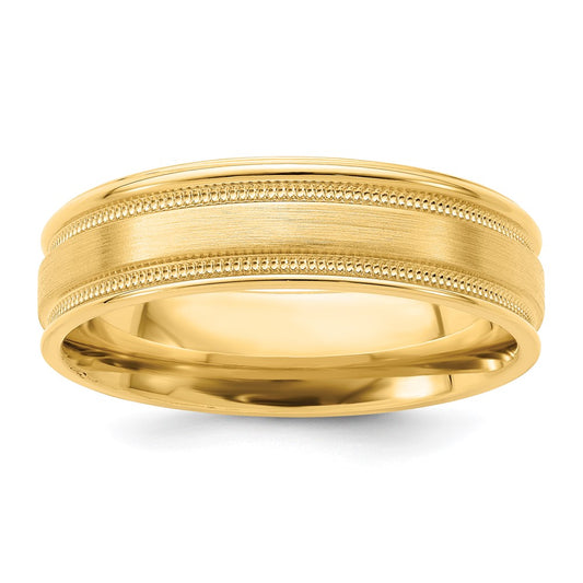 14k Yellow Gold 6mm Heavyweight Comfort Fit Brushed Satin/Polished Milgrain Grooved Edge Wedding Band Size 10