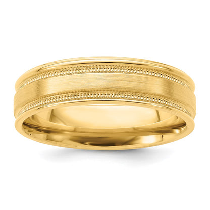 14k Yellow Gold 6mm Standard Weight Comfort Fit Brushed Satin/Polished Milgrain Grooved Edge Wedding Band Size 11