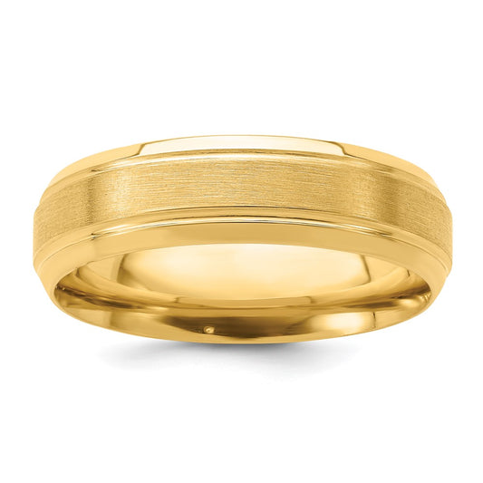 14k Yellow Gold 6mm Standard Weight Comfort Fit Brushed Satin/Polished Line Edge Wedding Band Size 7