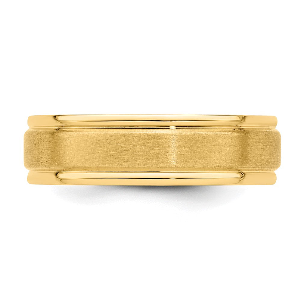 14k Yellow Gold 6mm Lightweight Comfort Fit Brushed Satin/Polished Grooved Edge Wedding Band Size 7