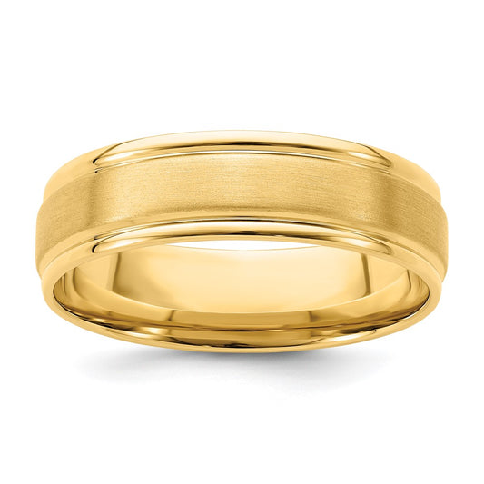 14k Yellow Gold 6mm Lightweight Comfort Fit Brushed Satin/Polished Grooved Edge Wedding Band Size 7