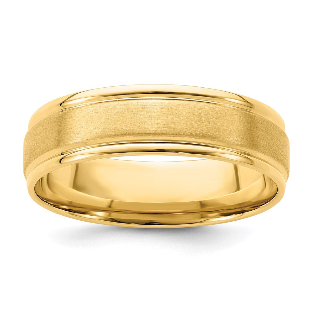 14k Yellow Gold 6mm Standard Weight Comfort Fit Brushed Satin/Polished Grooved Edge Wedding Band Size 8