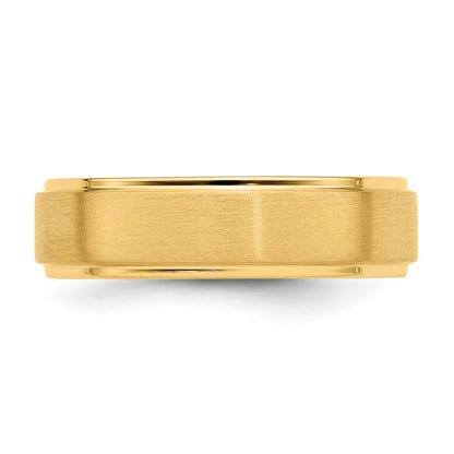 14k Yellow Gold 6mm Standard Weight Comfort Fit Brushed Satin/Polished Stepped Edge Wedding Band Size 10.5
