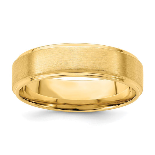 14k Yellow Gold 6mm Standard Weight Comfort Fit Brushed Satin/Polished Stepped Edge Wedding Band Size 10.5