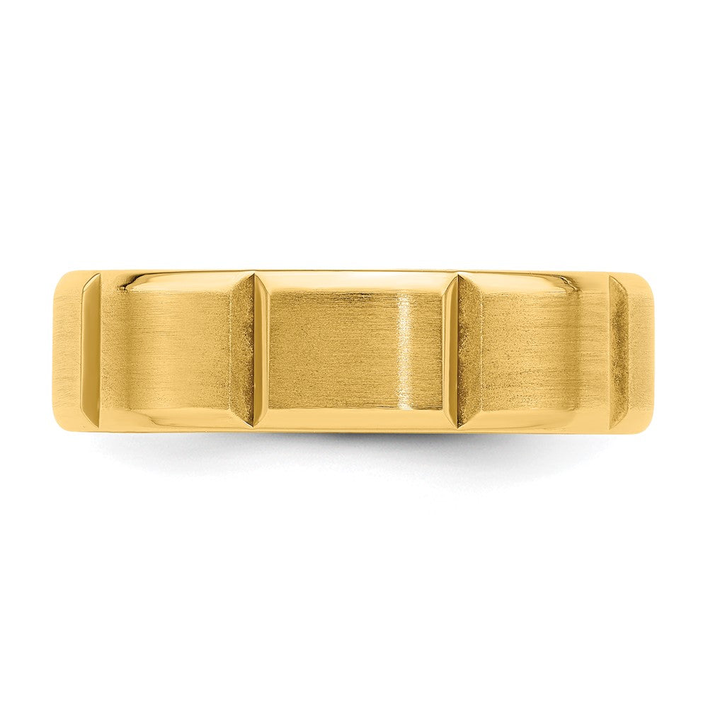 14k Yellow Gold 6mm Standard Weight Comfort Fit Brushed/Polished Beveled Edge with Vertical Lines Wedding Band Size 10