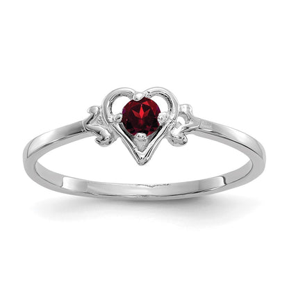 10K White Gold 3mm Round January/ Garnet Birthstone Heart Size 7 Ring
