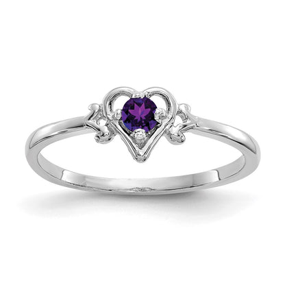 10K White Gold 3mm Round February/ Amethyst Birthstone Heart Size 7 Ring