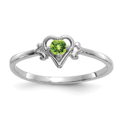 10K White Gold 3mm Round August/ Peridot Birthstone Heart Size 7 Ring