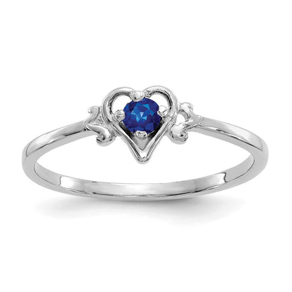 10K White Gold 3mm Round September/ Sapphire Birthstone Heart Size 7 Ring