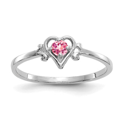 10K White Gold 3mm Round October/ Pink Tourmaline Birthstone Heart Size 7 Ring
