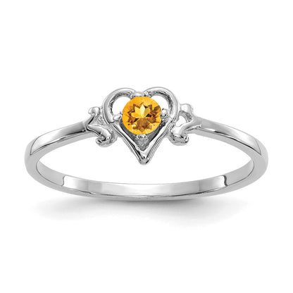 10K White Gold 3mm Round November/ Citrine Birthstone Heart Size 7 Ring