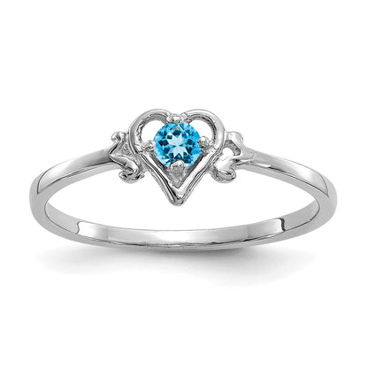 10K White Gold 3mm Round December/ Blue Topaz Birthstone Heart Size 7 Ring
