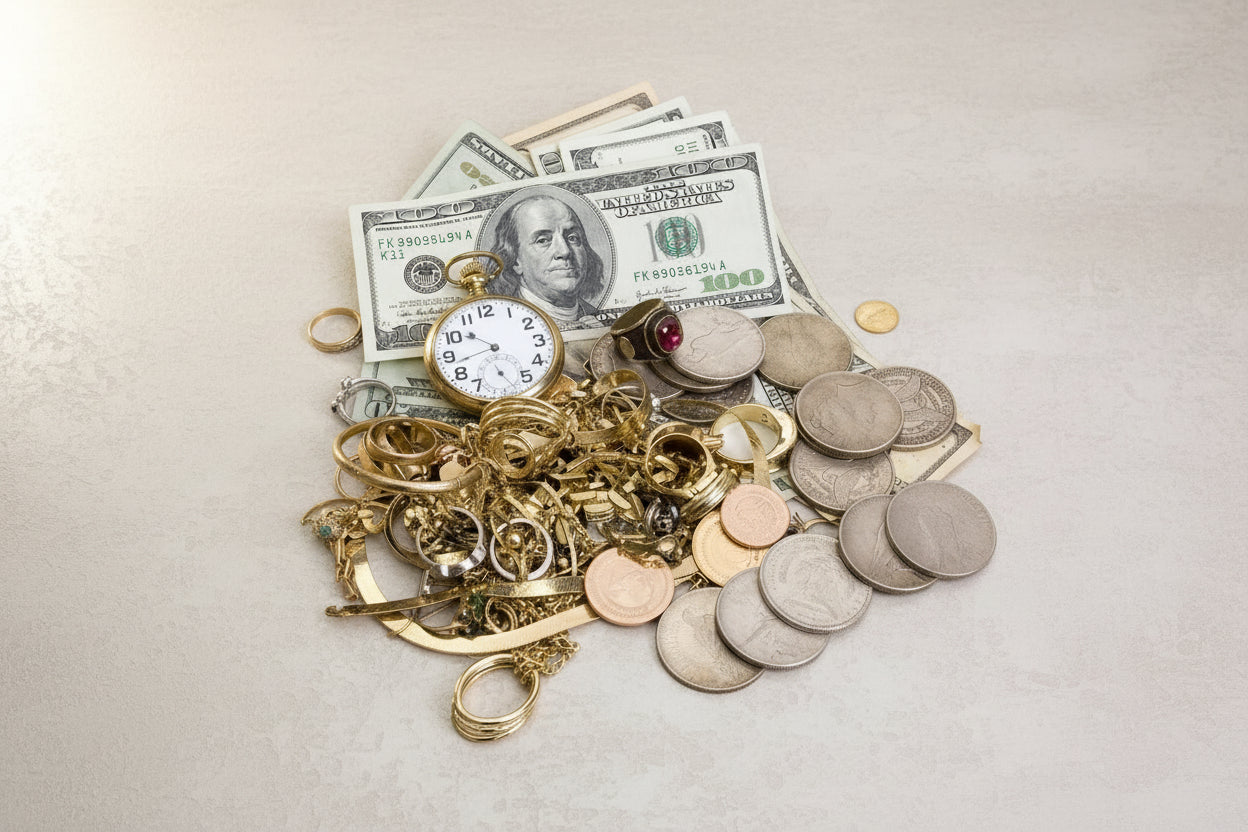 Stack of money with coins and a watch on a black background