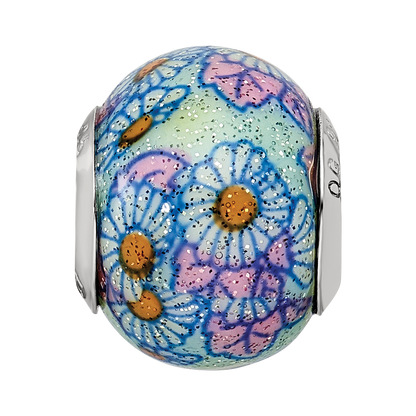 Sterling Silver Reflections Italian Blue Floral Overlay Glass Bead